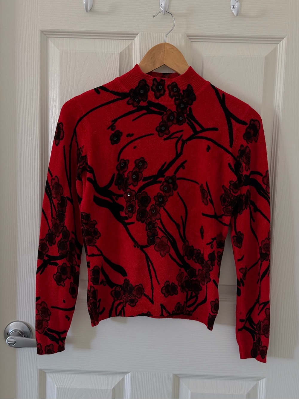 Women's Red Floral Neck Sweater Top